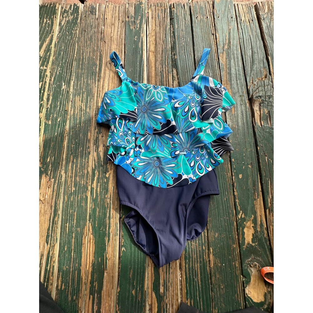 Paradise Bay Blue Floral Ruffle Tiered One Piece Swimsuit Size 10 5502520